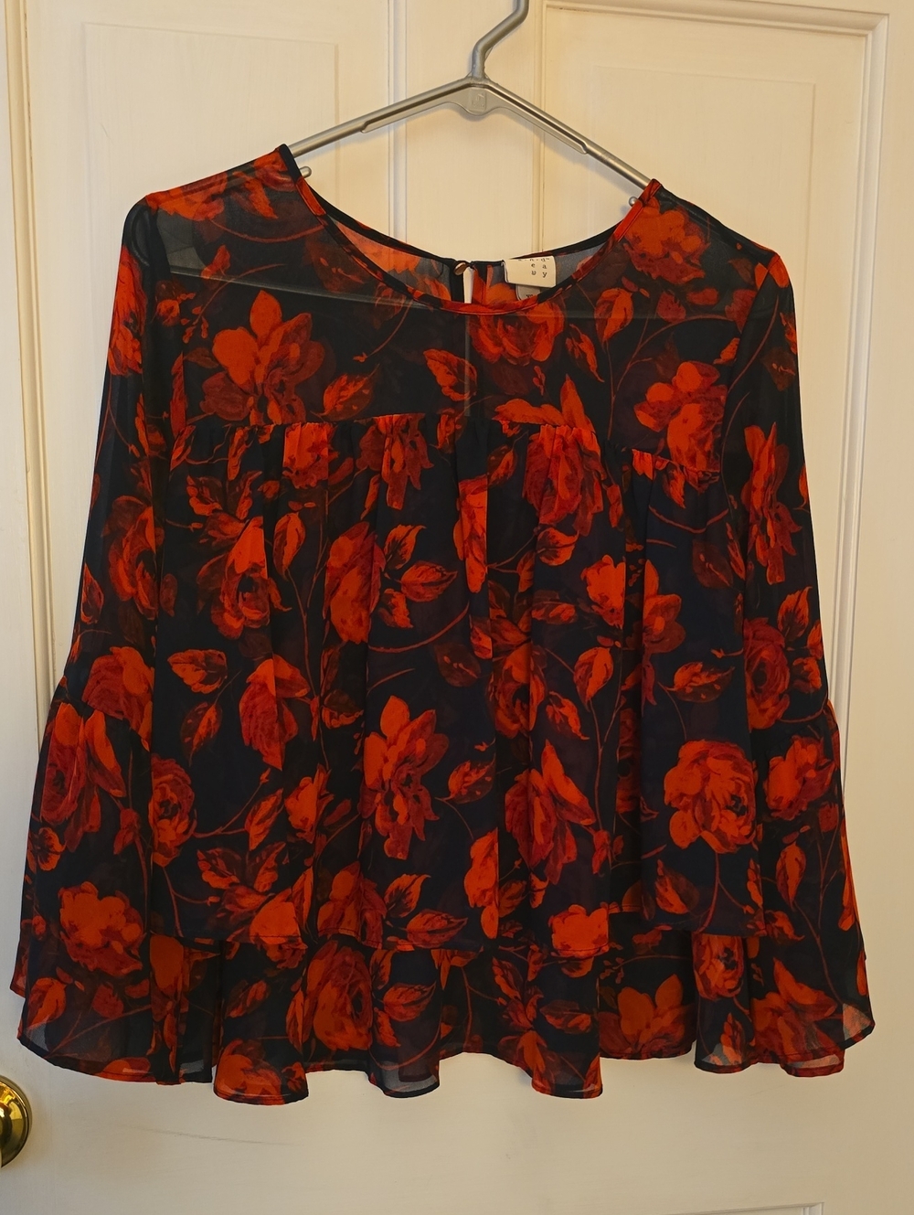 STUNNING! Floral Sheer Blouse - Red Roses on Black